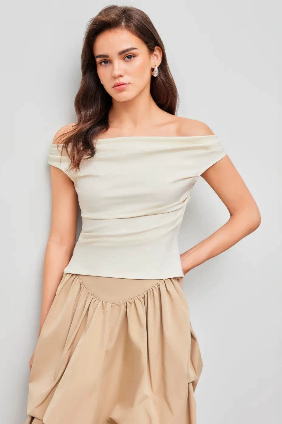 Off-Shoulder Ruched Waist Cinched Crop Top