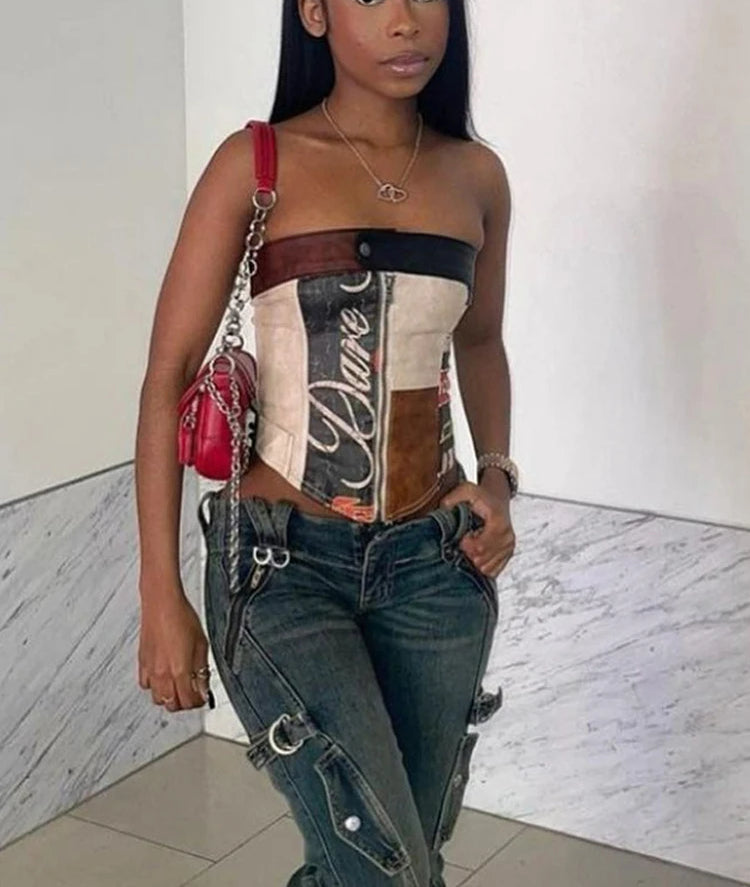 PU Patchwork Zip Button Strapless Main image