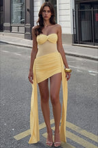 Sexy Strapless Backless Ruched Mesh Paneled Party Dress