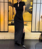 V Neck Button Slit Maxi Dress