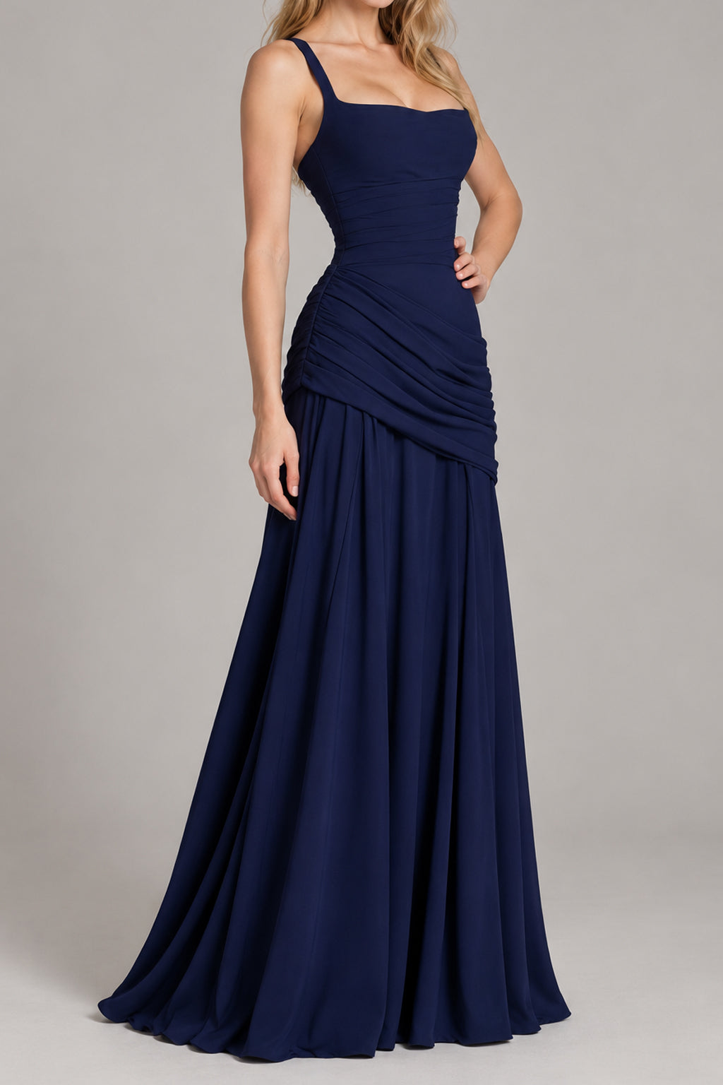 Square Neck Ruched Milk Silk Formal Dress
