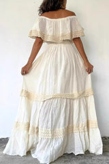 Vintage Off Shoulder Ruffled Waist Cinched Slim Boho Dress