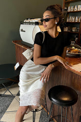 Lace Insert Solid Color Satin Skirt