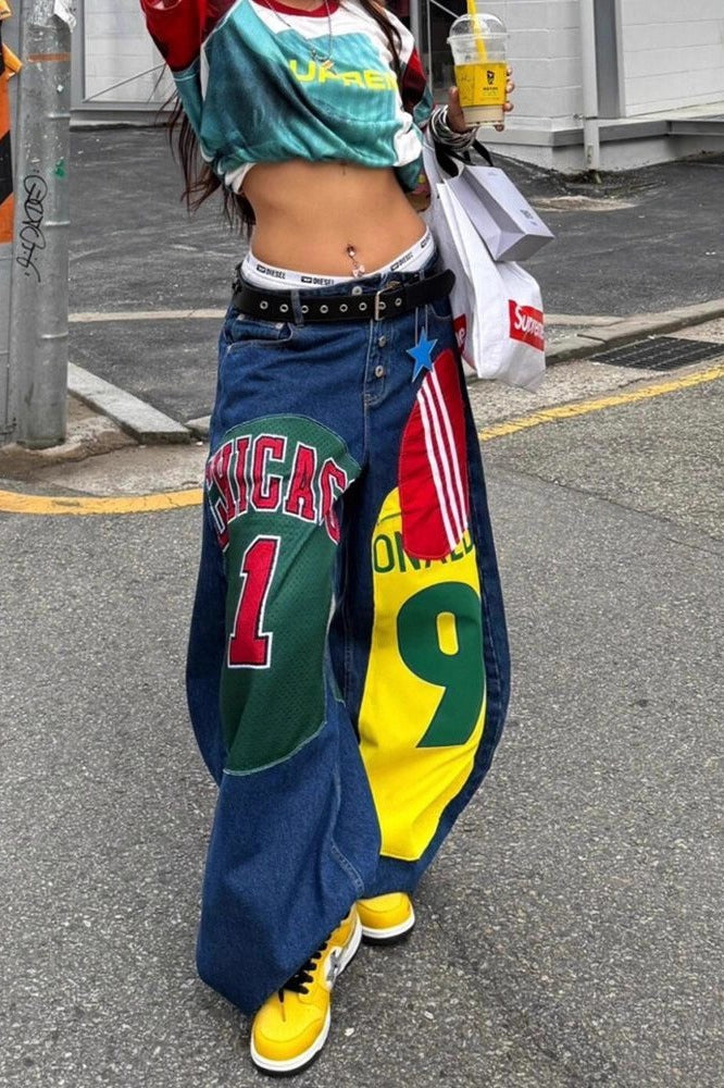 Graphic Patch Wide Leg Floor Length Trendy Hip Hop Jeans Main image