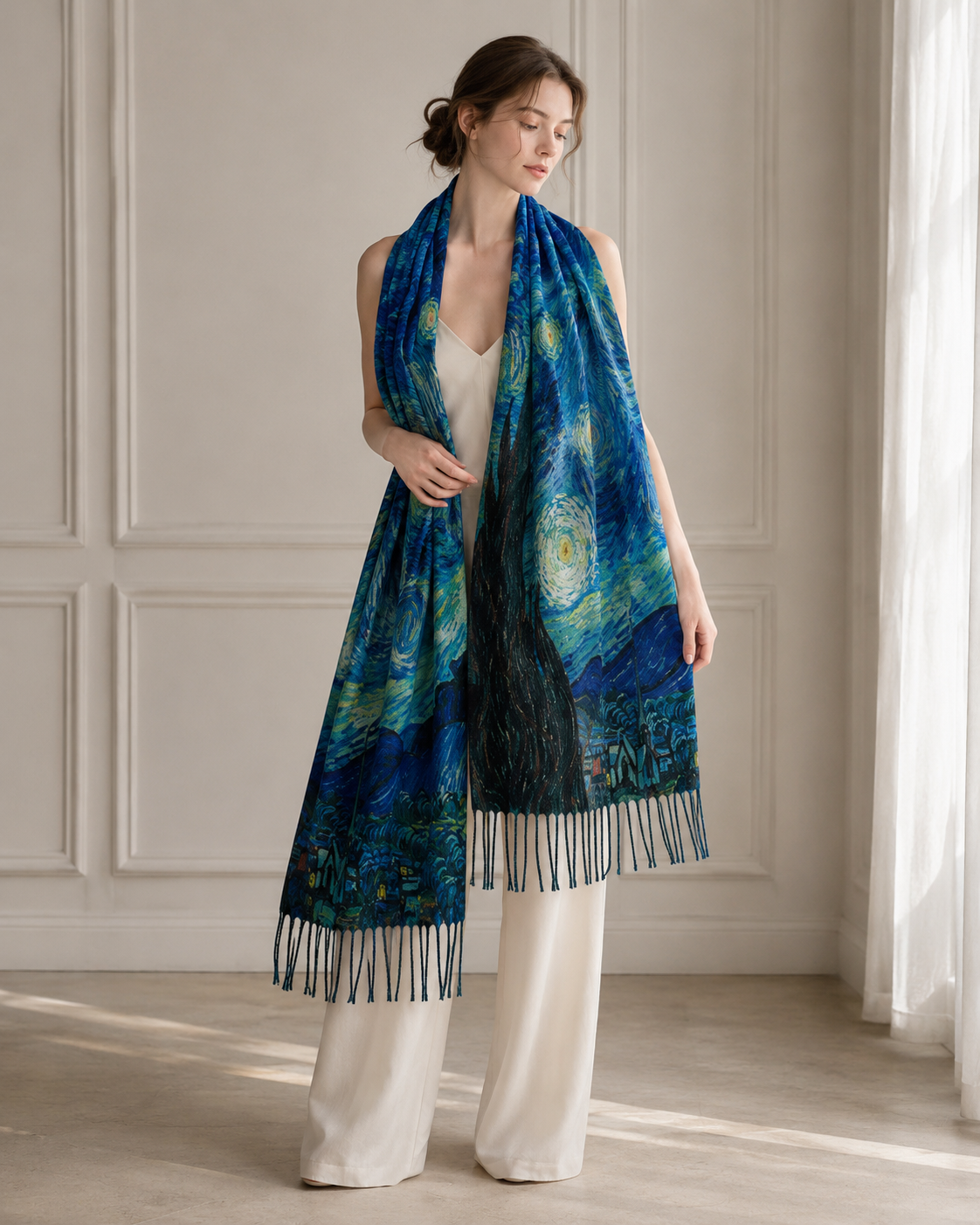 Vintage Van Gogh Print Fringe Wrap Scarf Main image