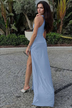 Sexy Solid Fitted High Slit Ruched Sleeveless Party Dress