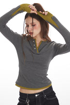 Contrast Collar Layered Fitted Long Sleeve T-Shirt