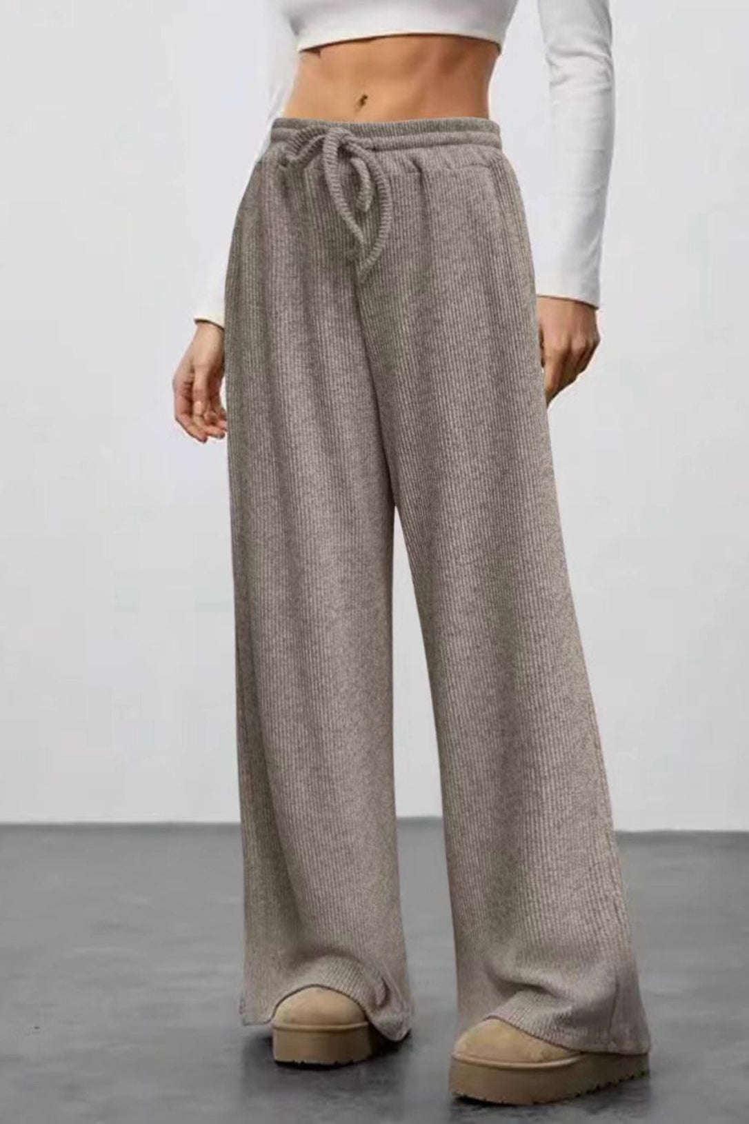 Ribbed Drawstring High Waist Straight Leg Casual Pants Main image