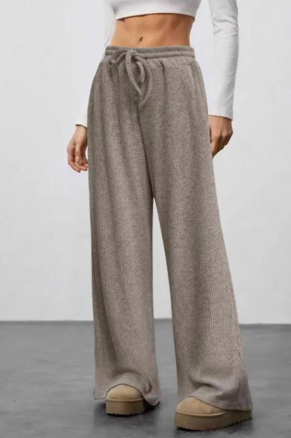 Ribbed Drawstring High Waist Straight Leg Casual Pants