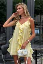 Ruffle V-Neck Waist Tie Strap Mini Dress