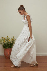 Ruffled Square Neck Embroidered Backless Split Boho Dress