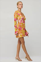 Floral Print Cutout Tie Front Long Sleeve Mini Dress