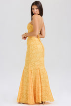 Strapless Lace Backless Waist Tie Maxi Lace Dress
