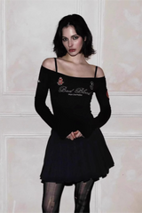 Badblood Retro Off Shoulder Letter Embroidery Sexy Crop Top