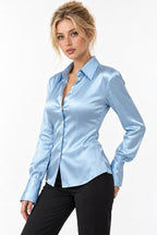 Satin Contrast Button Shirt Blouse