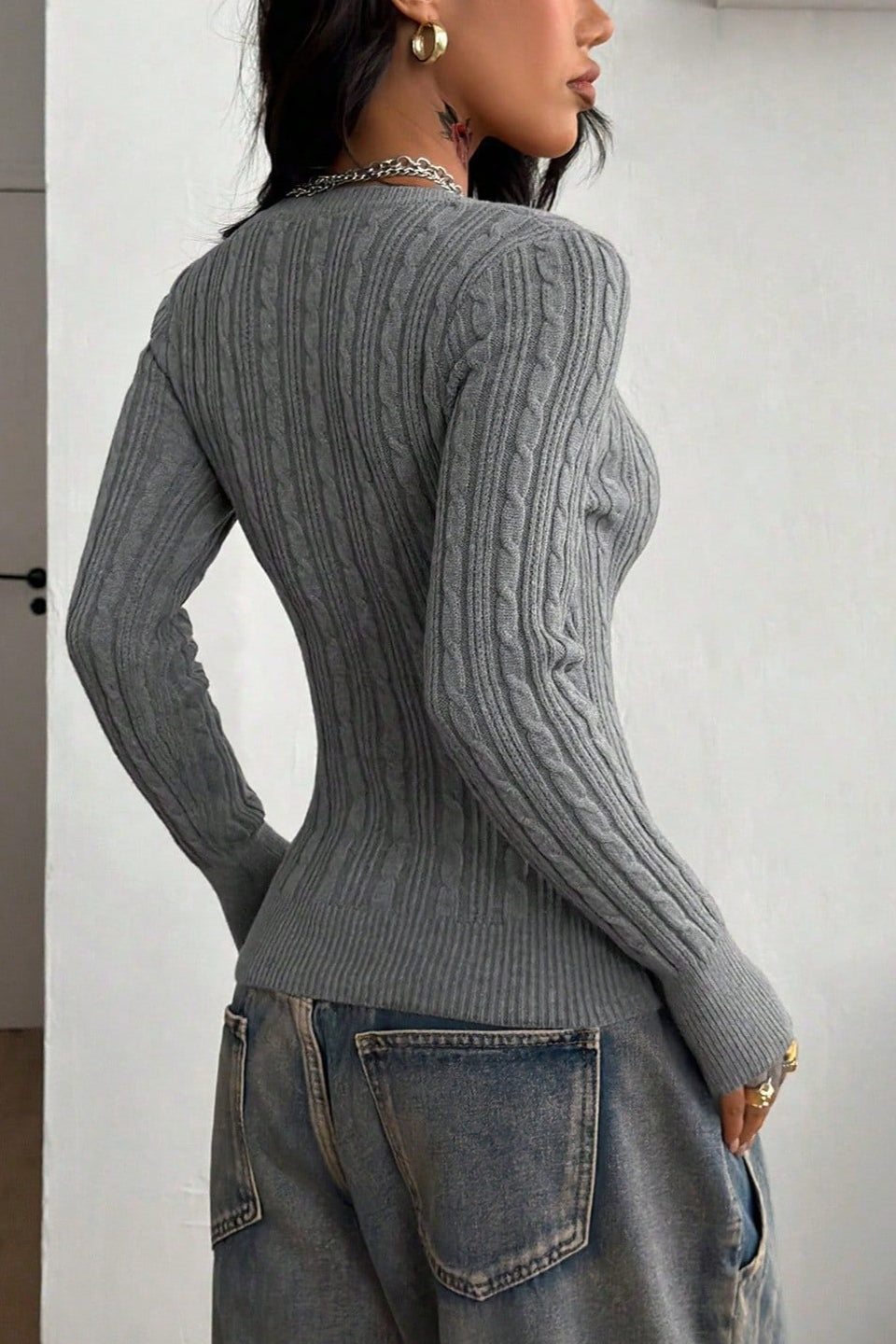Cable Knit Deep V Fitted Pullover Sweater