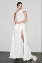Slit Open Back Halter Ruched Maxi Vacation Dress
