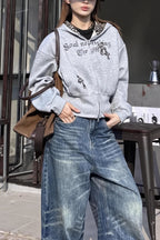 Gray Leopard Panel Embroidered Cropped Hoodie