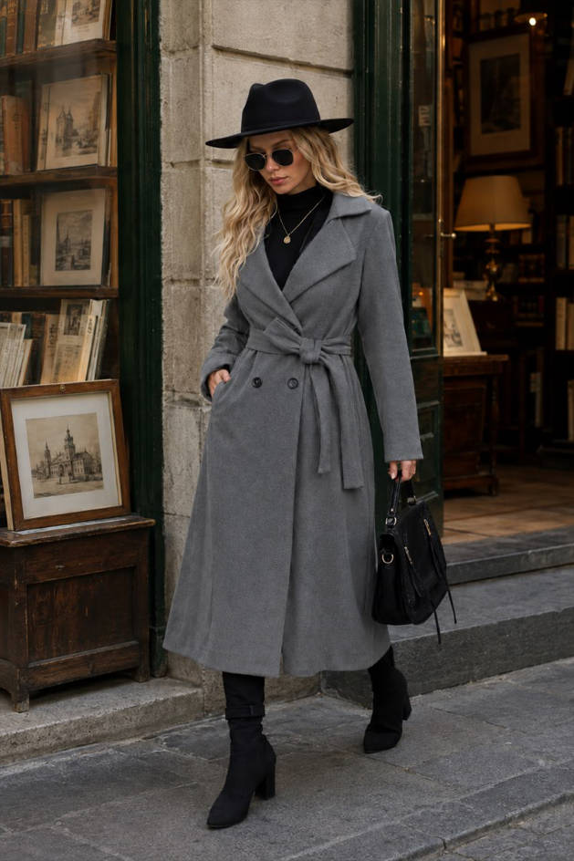 Wool Lapel Long Belted Double Overcoat