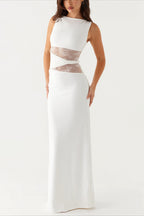 Elegant Draped Lace Panel Midi Dress