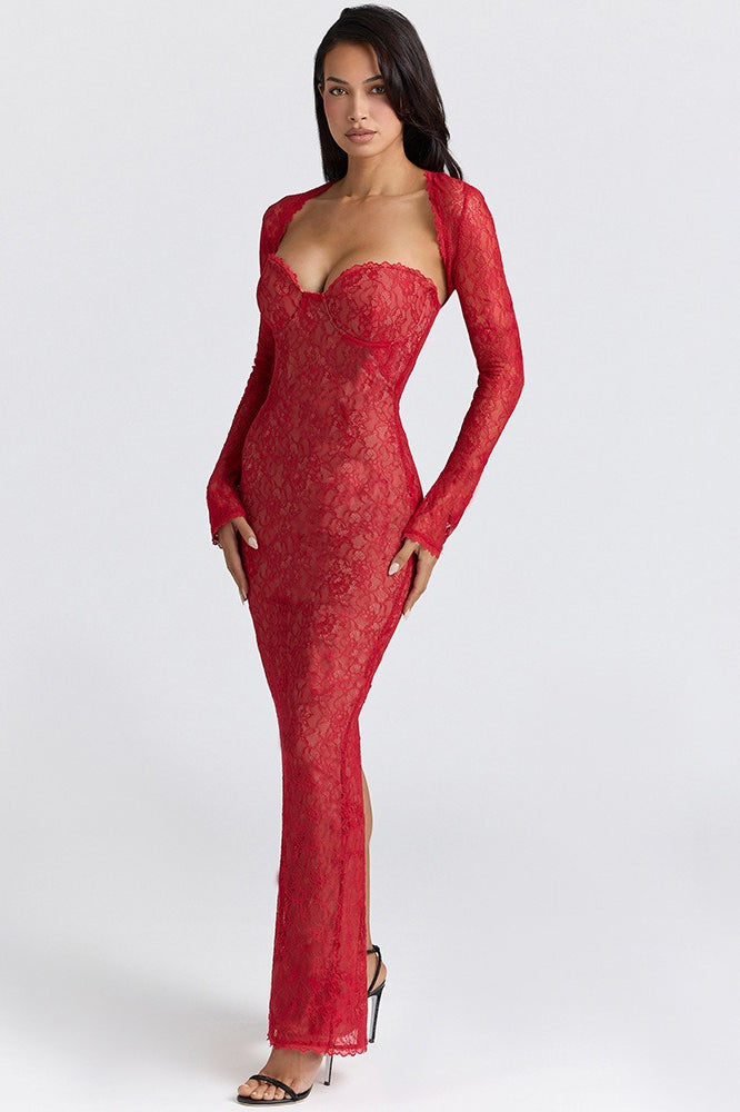 Lace Long Sleeve Crop Top Bodycon Floral Dress Set