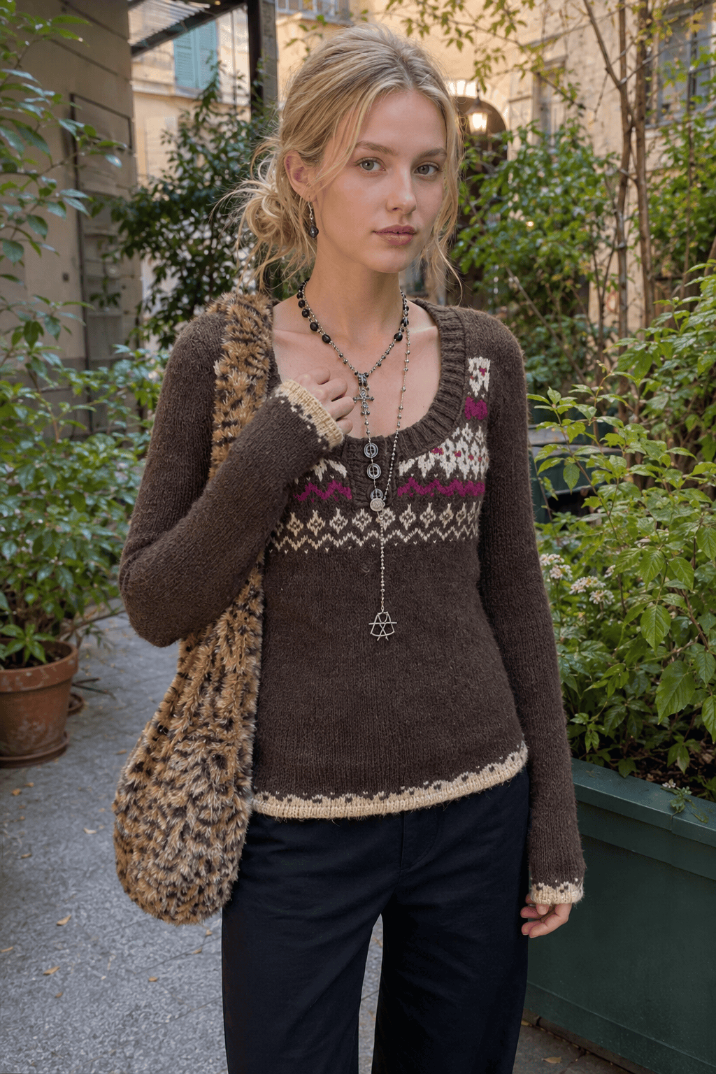 Jacquard Knit Button Sweater