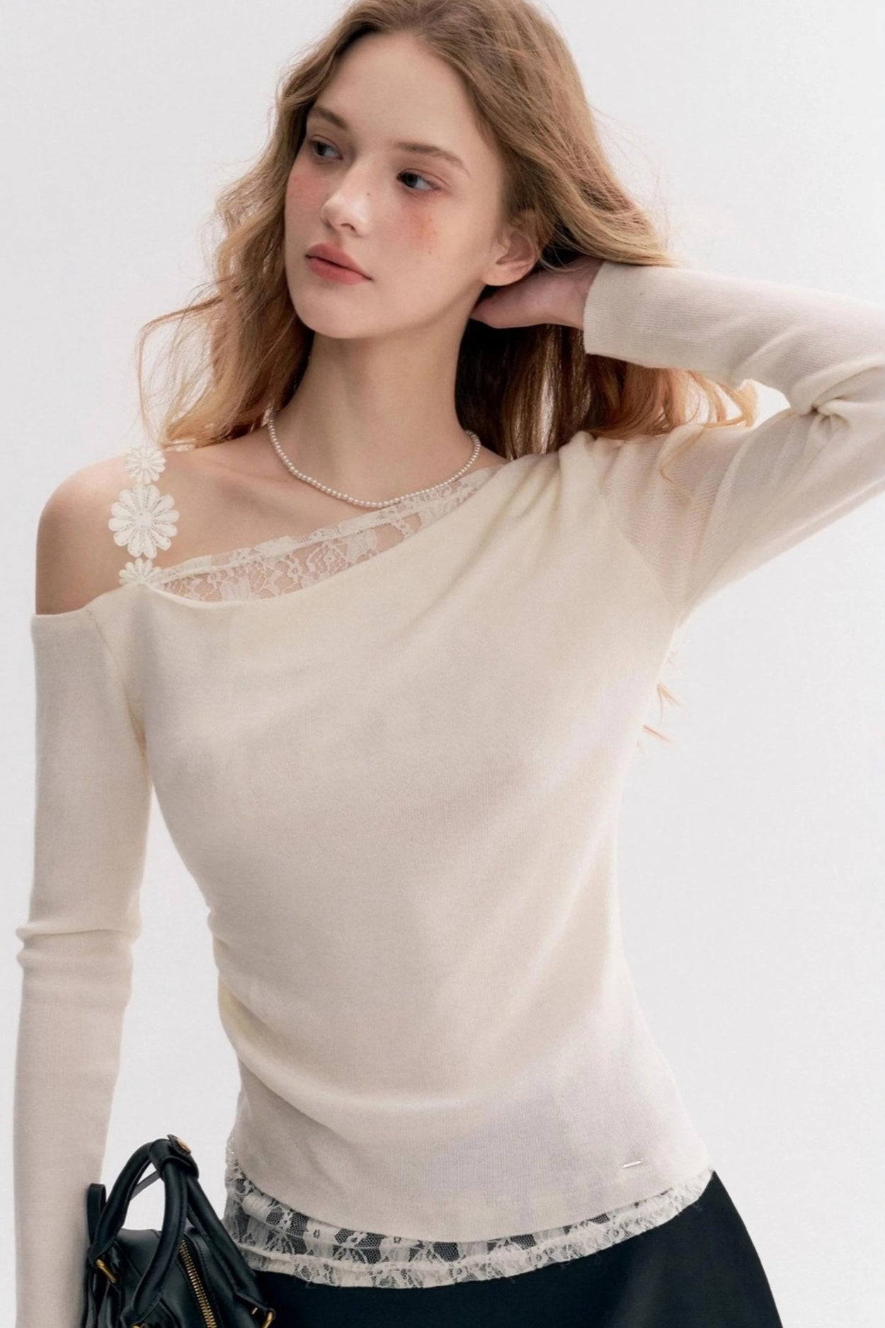 Lace Trim One Shoulder Slim  Long Sleeve Blouse Main image