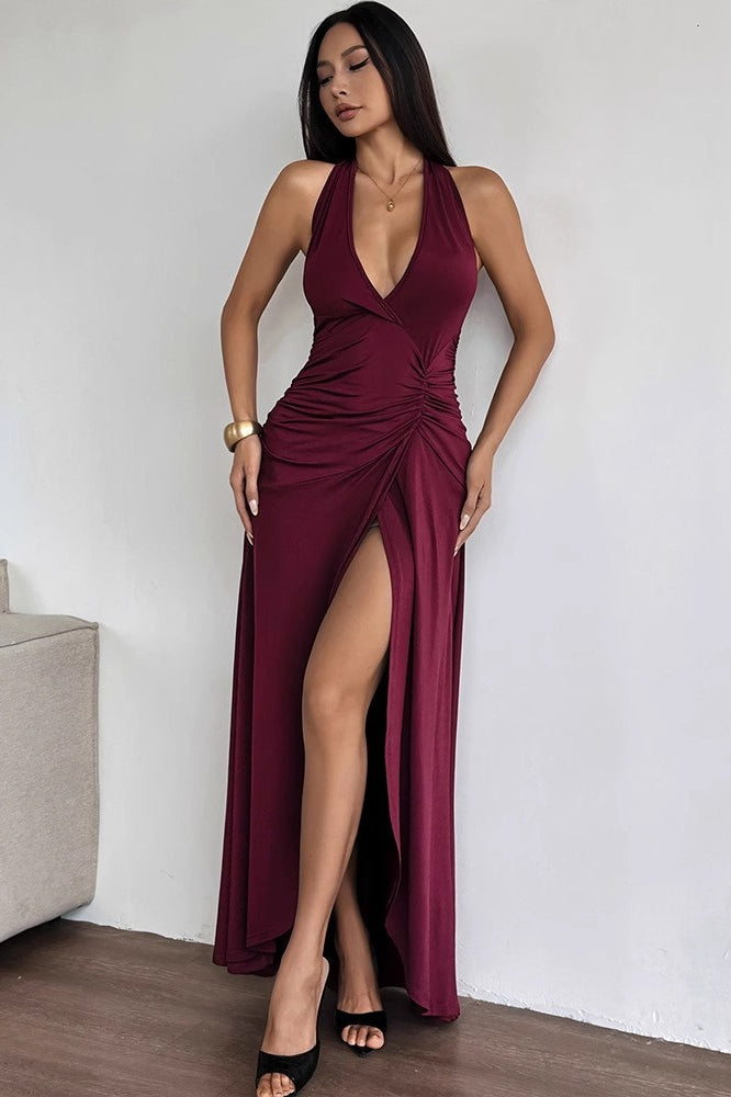 Deep V Backless Halter Ruched Formal Dress Main image