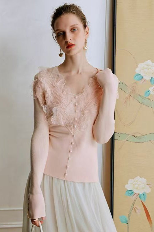 3D Floral Lace V-Neck Knit Top Main image