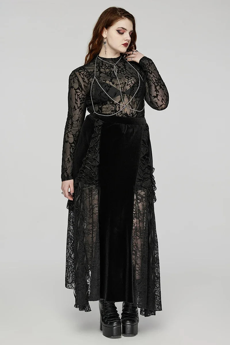 Women's Gothic Staggered Lace Patchwork Ruffled Velvet Gorgeous Party Club Black Long Skirt Main image