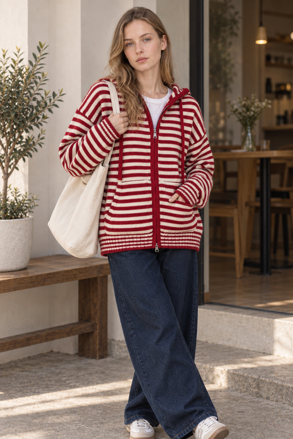 Contrasting Colors Striped Hooded Zipper Cardigan