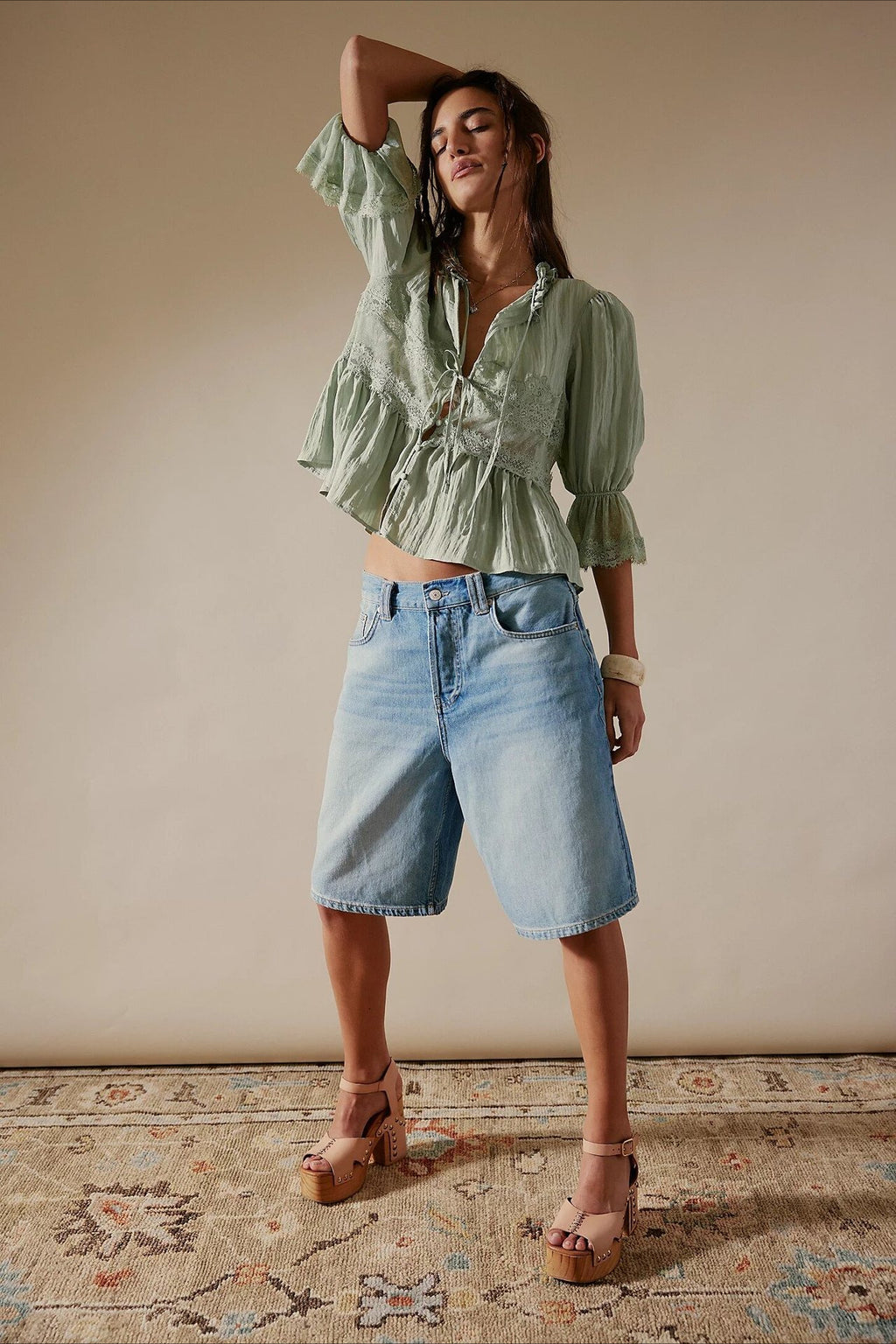 Lace Panel Ruffle Balloon Sleeve Tie Front Blouse