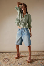 Lace Panel Ruffle Balloon Sleeve Tie Front Blouse