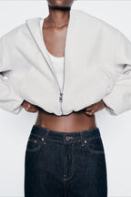 Faux Wool Short Zip Bomber Jacket