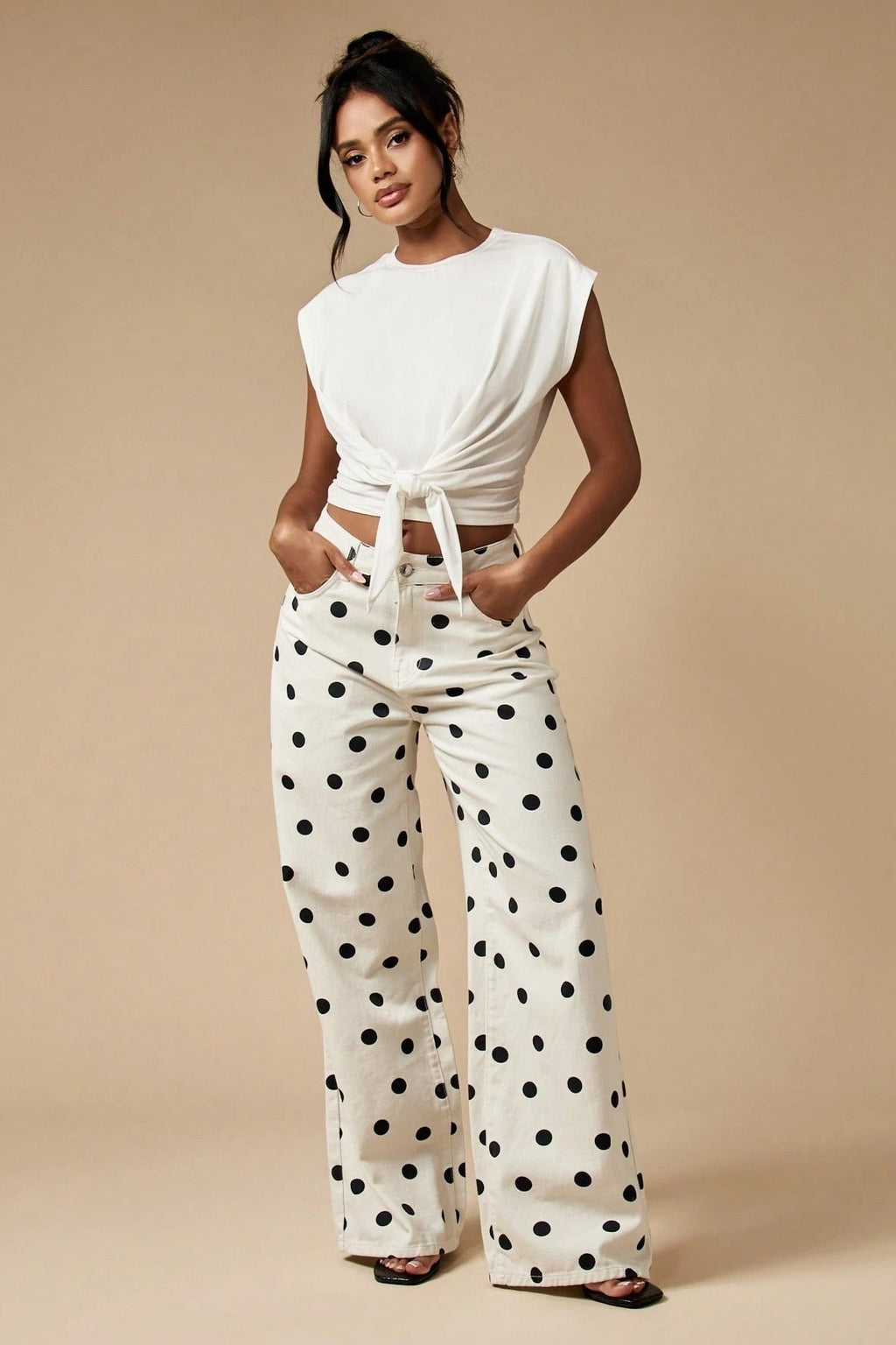Polka Dot Wide Leg Denim Pants
