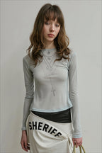 Cross Necklace Print Sheer Long Sleeve T-Shirt