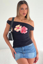 Printed Off-Shoulder Short Sleeve Crop Top