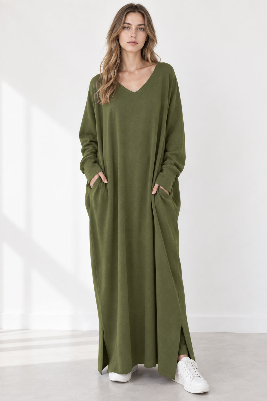 Slit Hem V Neck Sweatshirt Dress