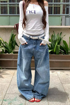 Studded Waist Wide Leg Barrel Jeans