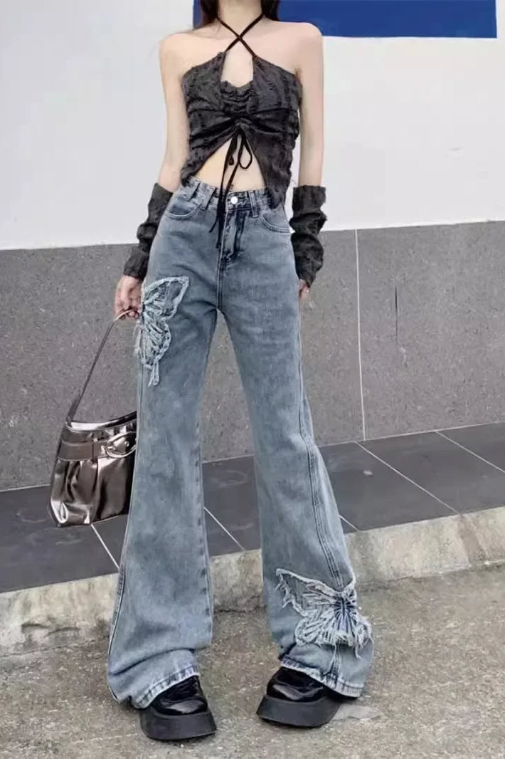 Washed Butterfly Embroidered Flared Jeans Secondary image
