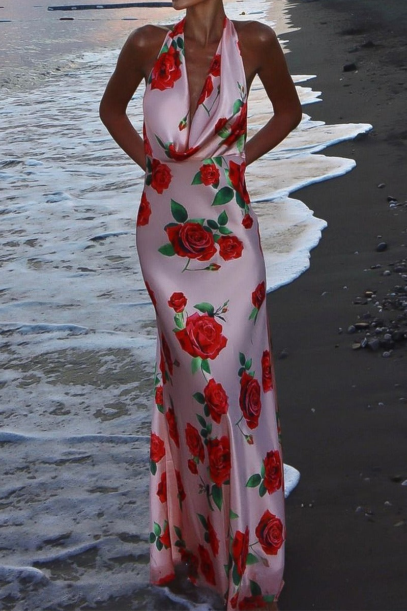 Printed Halter Backless  Maxi Silk Dress Main image