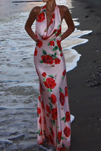 Printed Halter Backless  Maxi Silk Dress