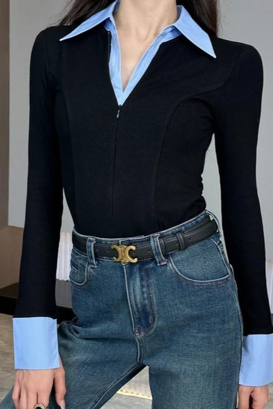 Polo Neck Slim Faux Two Piece Knit Long Sleeve Blouse Secondary image