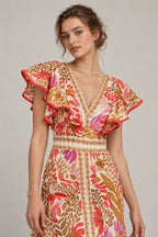 Floral Ruffle Slit Back V Boho Dress