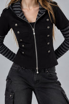 Button Front Layered Stripe Hoodies