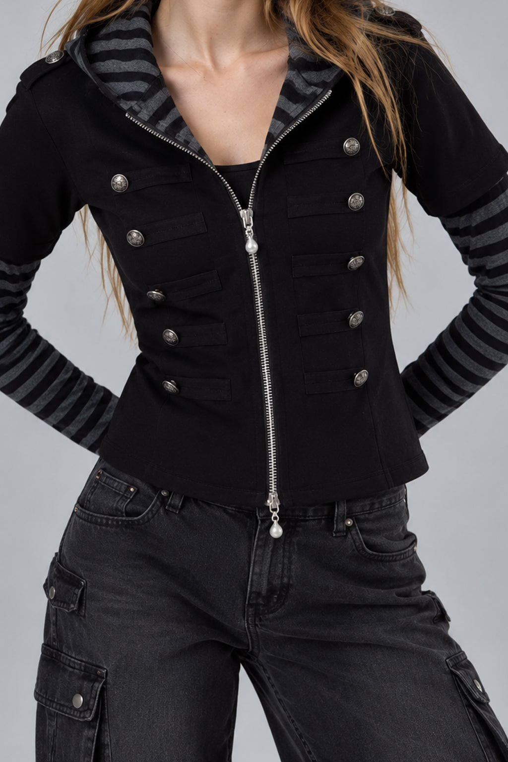 Button Front Layered Stripe Hoodies