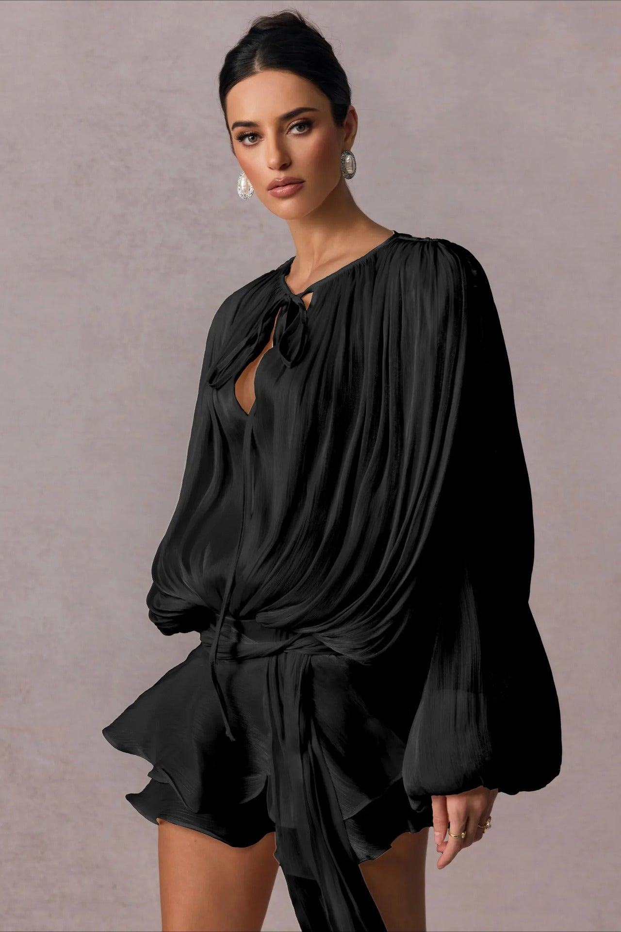 Chiffon Tie Neck Long Sleeve Ruffle Mini Dress