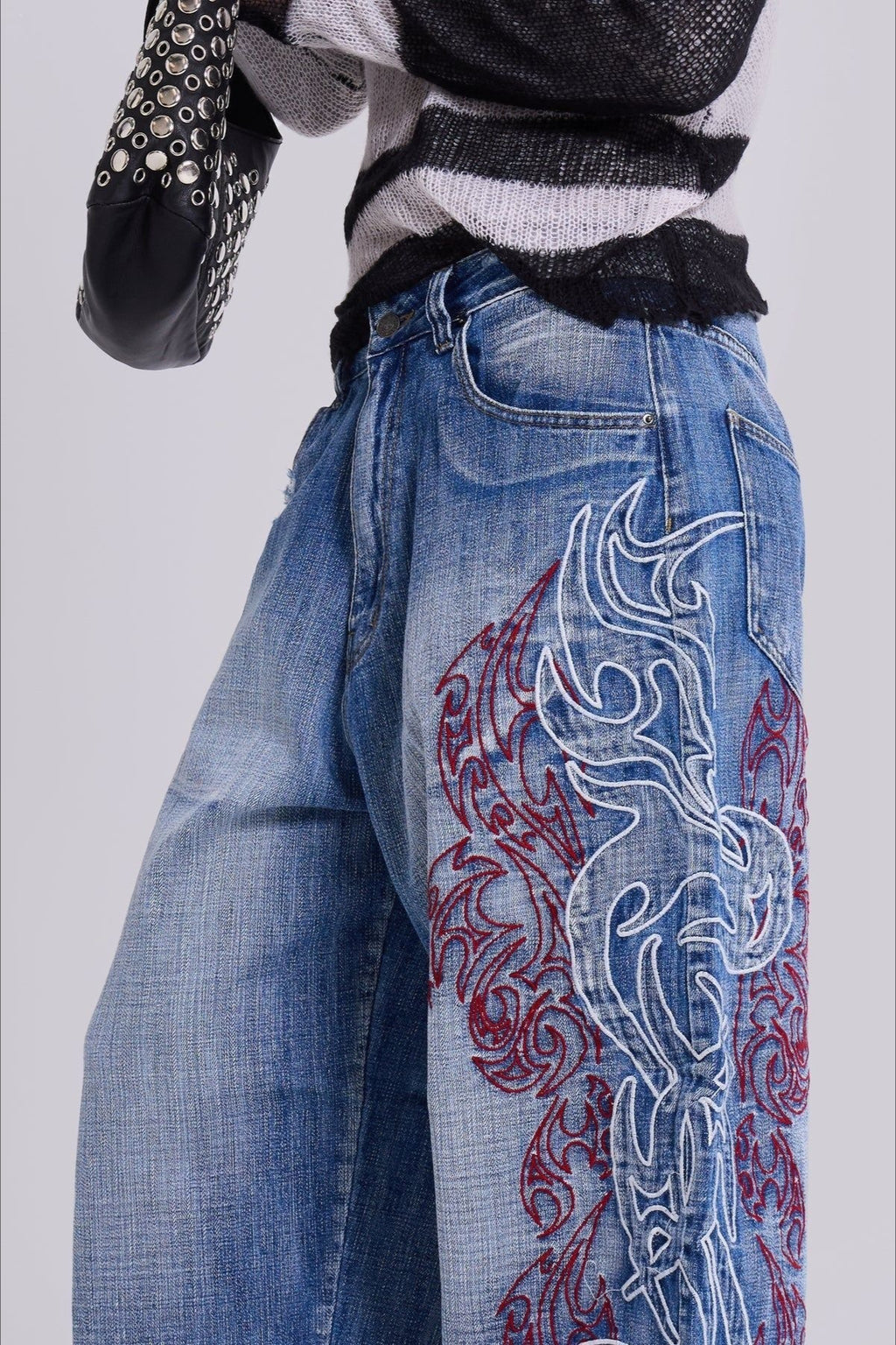 Paisley Embroidered Washed Wide Leg Jeans