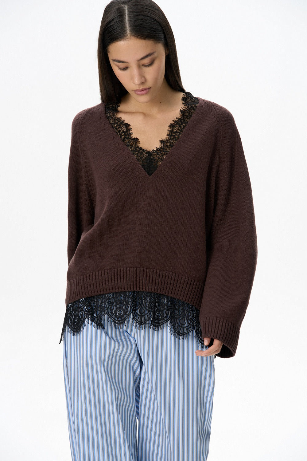 Lace Edge V Neck Relaxed Pullover Sweater