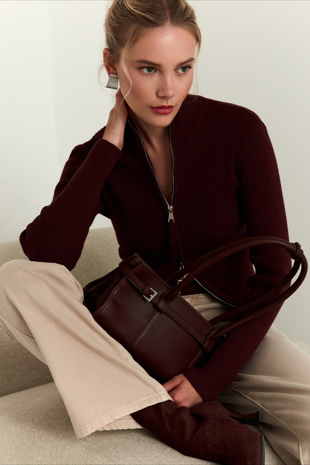 Ribbed Stand Collar Zip Front Fitted Sweater